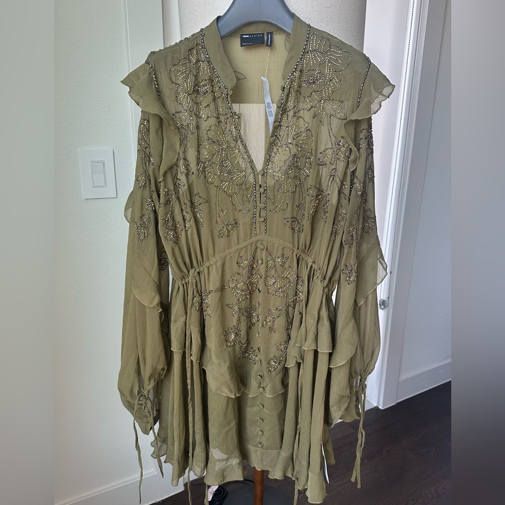 ASOS Embellished Olive Green Mini Dress – Boho Ruffle Long Sleeve – Size 12